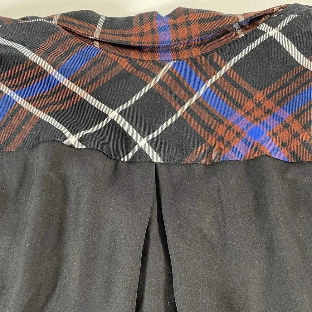 L’AGENCE Flannel Plaid Shirt Contrast Black Silk Back, Blue and Brown - Size XS